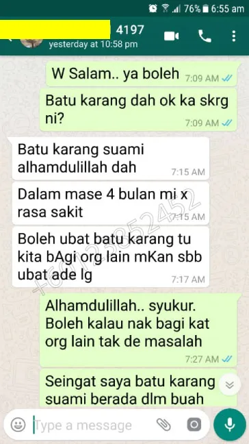 Puan Jamilah dah cuba pelbagai usaha sebelum ini — dari rebusan herba, ke farmasi, ke klinik biasa. Tapi hanya selepas ikut pelan rawatan yang kami rumuskan ikut saiz dan lokasi sebenar batu, baru suami beliau bebas sakit berbulan-bulan.